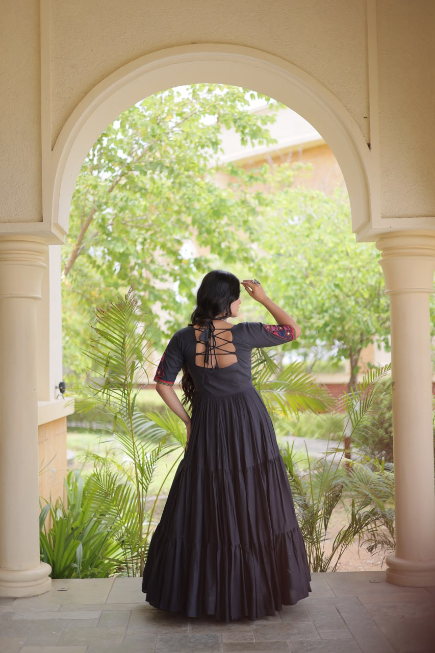 Black Kora Cotton Embroidered Mirror Work Flared Gown