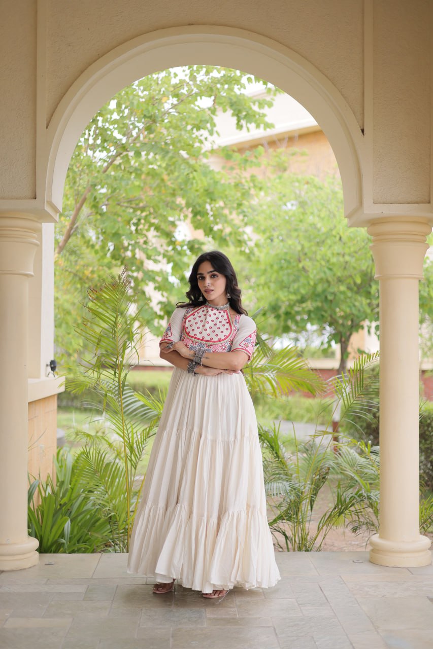 Off-White Kora Cotton Embroidered Mirror Work Anarkali Gown