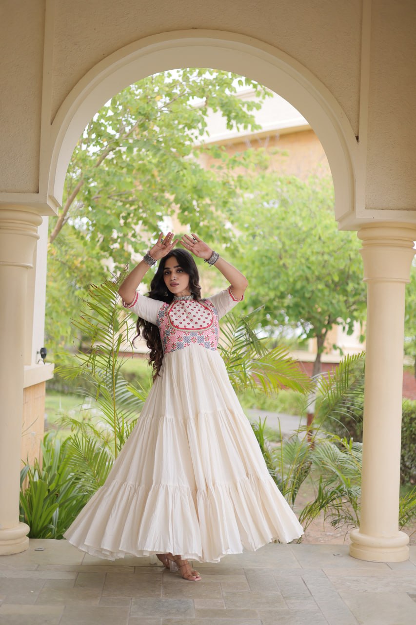 Off-White Kora Cotton Embroidered Mirror Work Anarkali Gown
