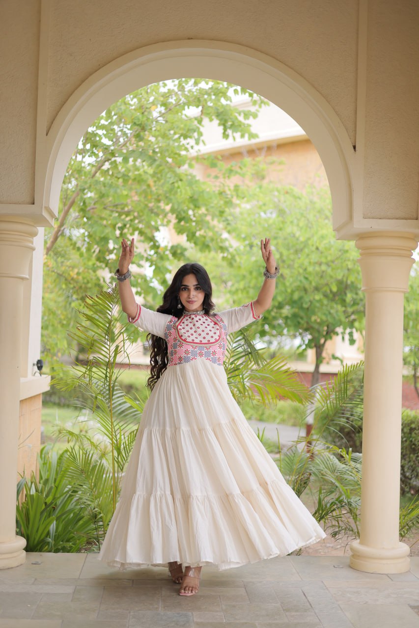 Off-White Kora Cotton Embroidered Mirror Work Anarkali Gown