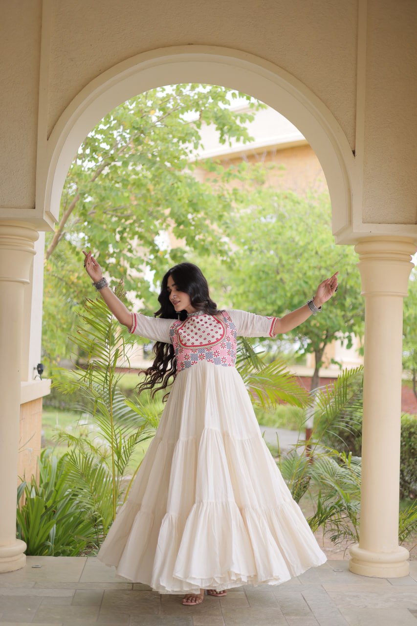 Off-White Kora Cotton Embroidered Mirror Work Anarkali Gown
