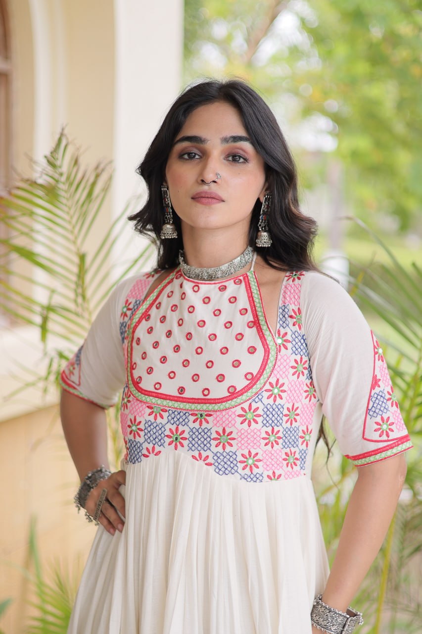 Off-White Kora Cotton Embroidered Mirror Work Anarkali Gown