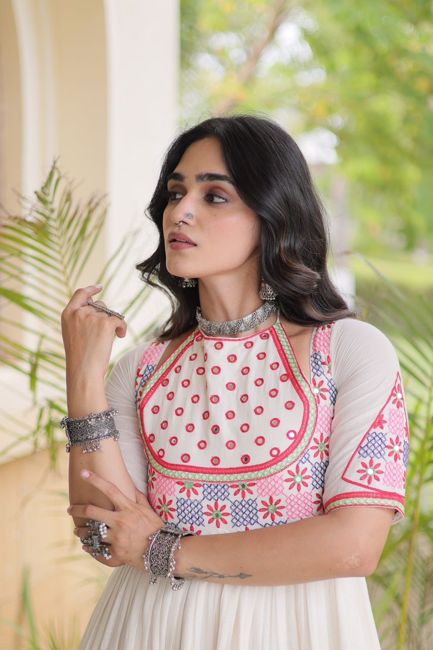 Off-White Kora Cotton Embroidered Mirror Work Anarkali Gown
