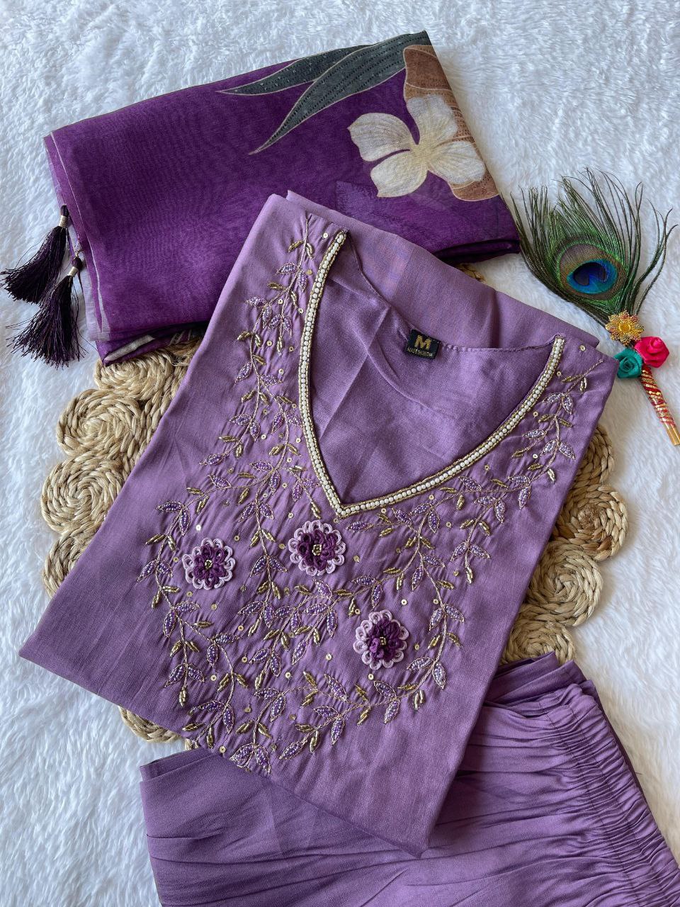 Diwali Special Light Purple Kurti Pant Dupatta Set