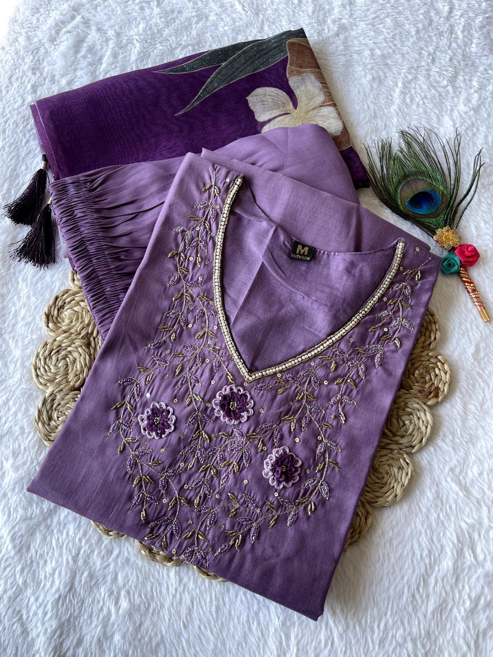 Diwali Special Light Purple Kurti Pant Dupatta Set