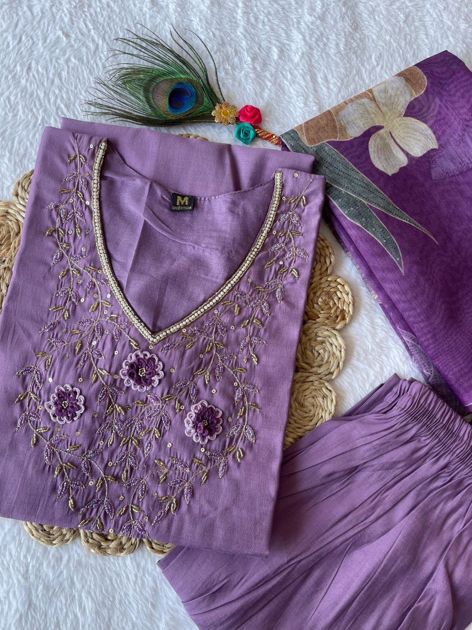 Diwali Special Light Purple Kurti Pant Dupatta Set