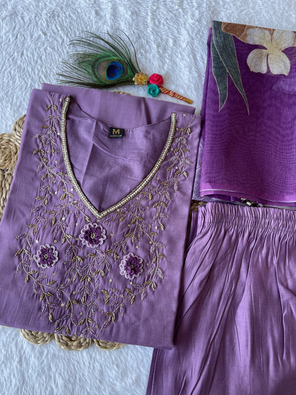 Diwali Special Light Purple Kurti Pant Dupatta Set