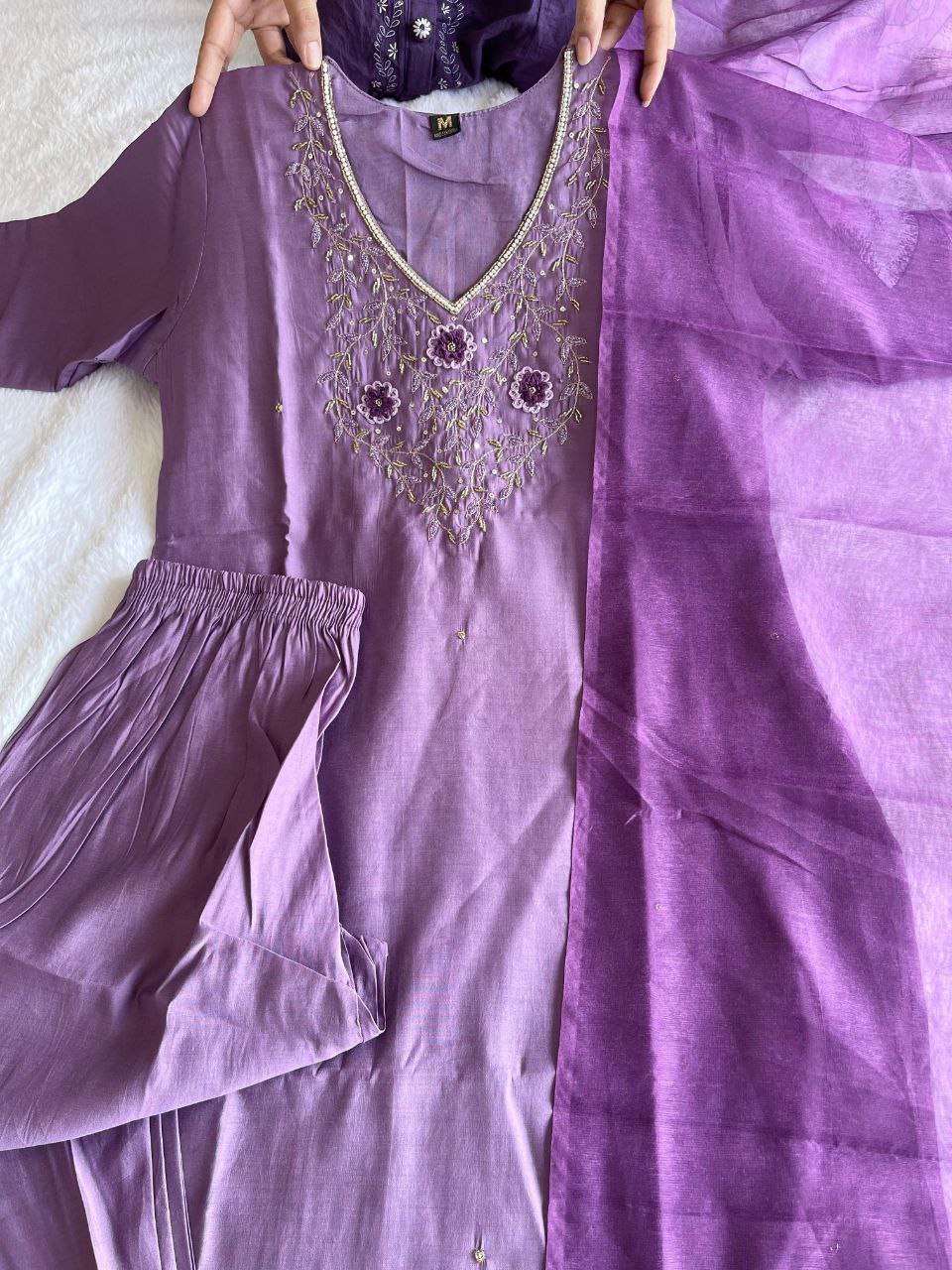 Diwali Special Light Purple Kurti Pant Dupatta Set