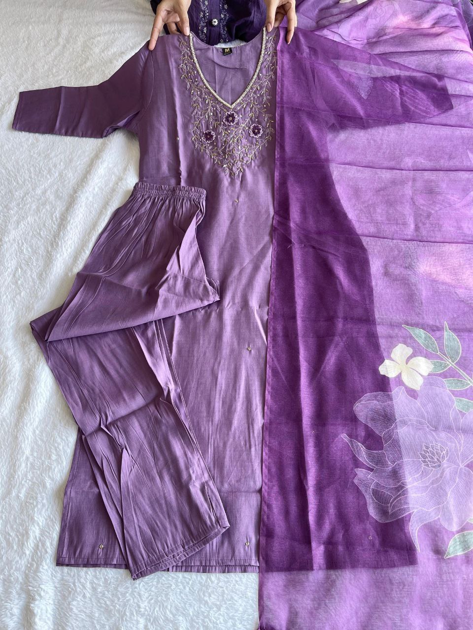 Diwali Special Light Purple Kurti Pant Dupatta Set