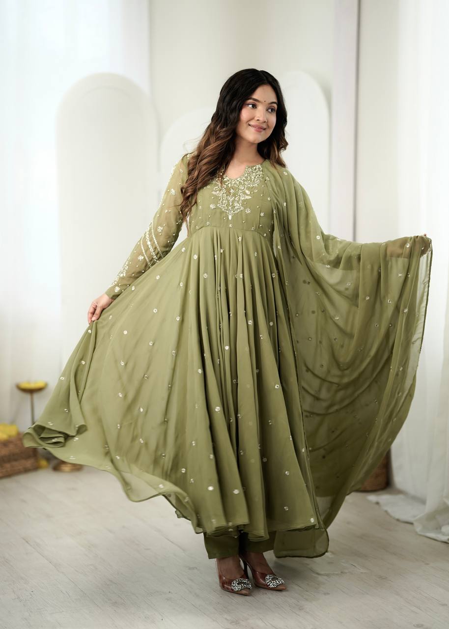 Olive Green Embroidered Faux Georgette Anarkali Suit Set with Dupatta