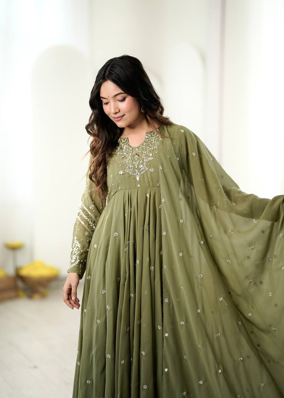 Olive Green Embroidered Faux Georgette Anarkali Suit Set with Dupatta