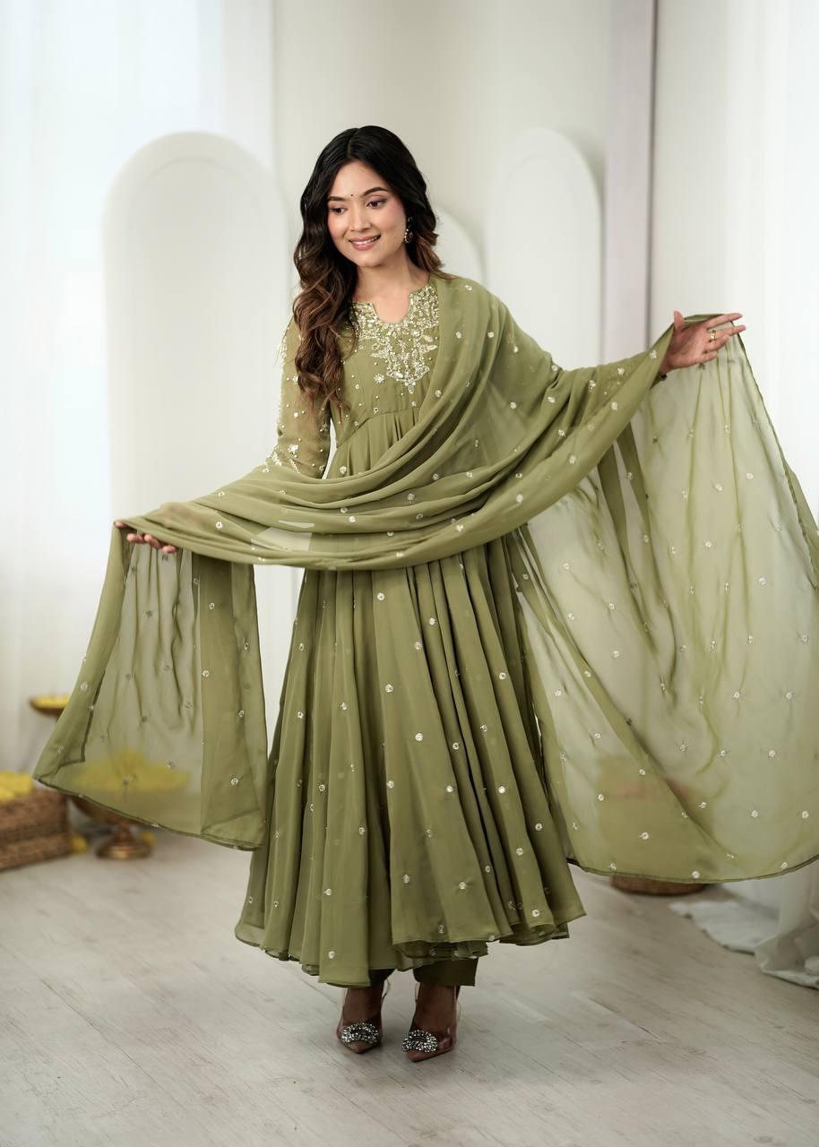 Olive Green Embroidered Faux Georgette Anarkali Suit Set with Dupatta