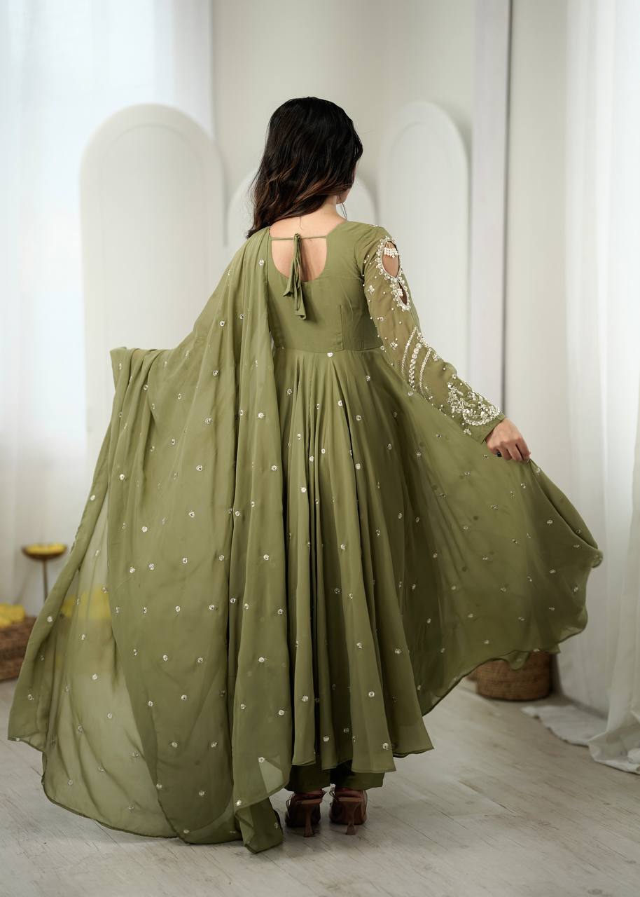 Olive Green Embroidered Faux Georgette Anarkali Suit Set with Dupatta