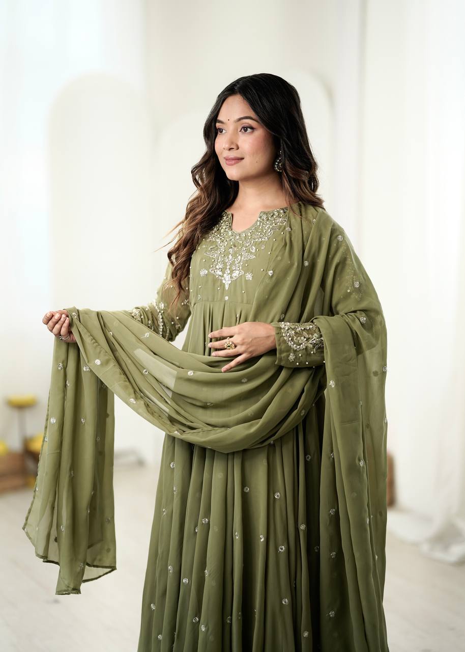 Olive Green Embroidered Faux Georgette Anarkali Suit Set with Dupatta