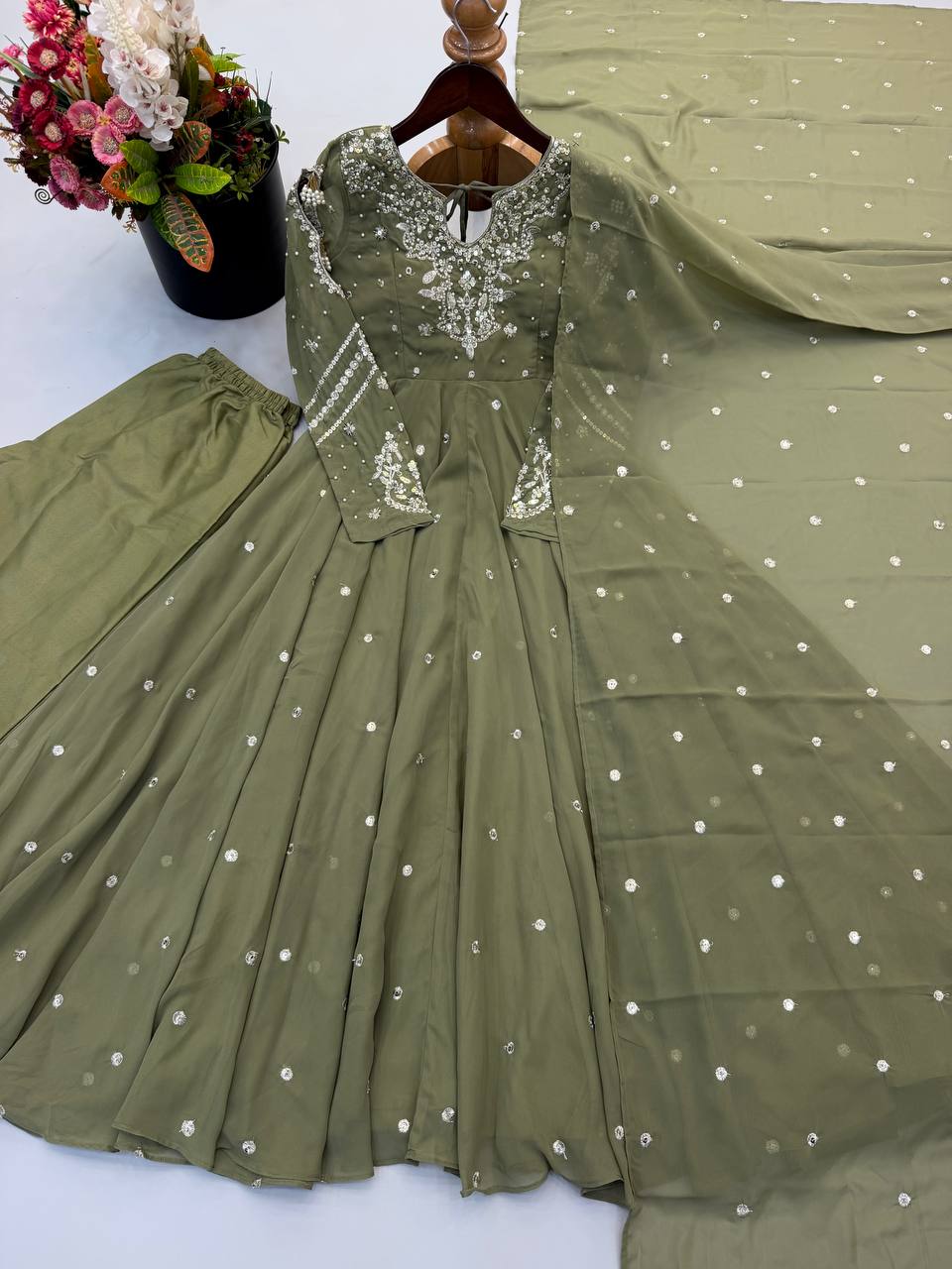 Olive Green Embroidered Faux Georgette Anarkali Suit Set with Dupatta