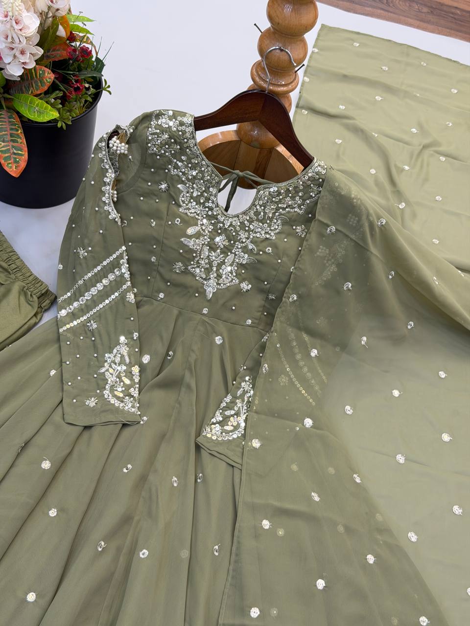 Olive Green Embroidered Faux Georgette Anarkali Suit Set with Dupatta