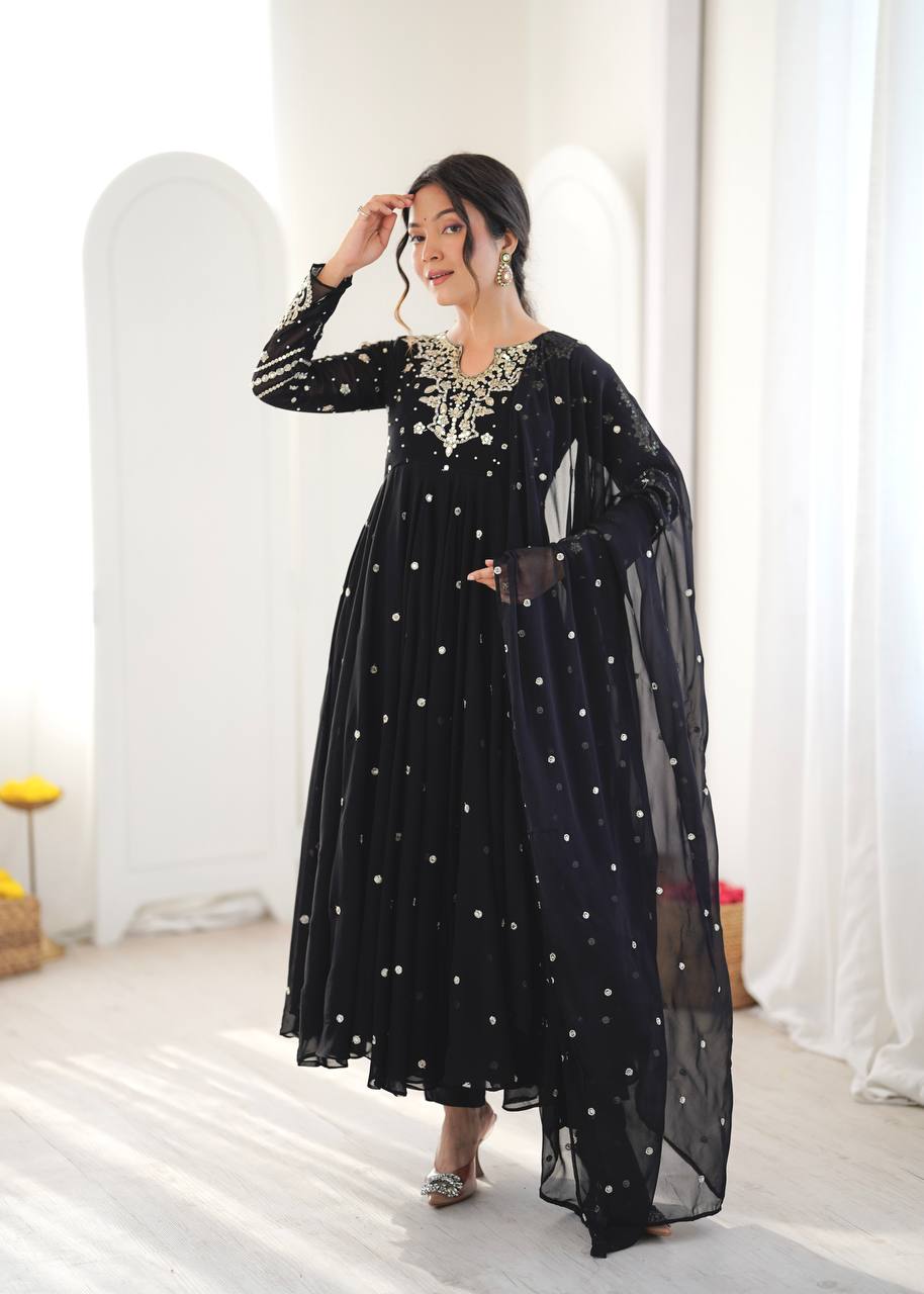 Black Embroidered Faux Georgette Anarkali Suit Set with Dupatta & Pant