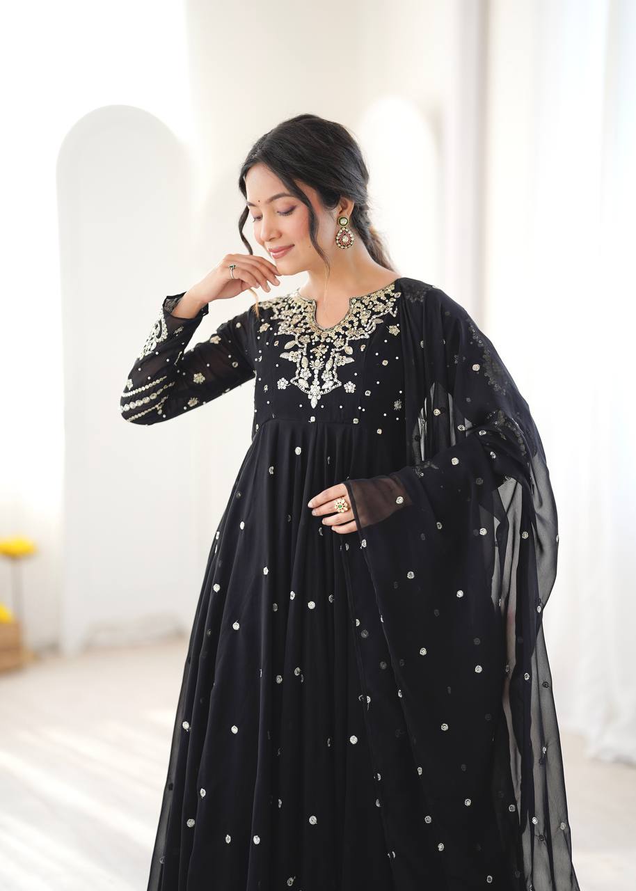 Black Embroidered Faux Georgette Anarkali Suit Set with Dupatta & Pant