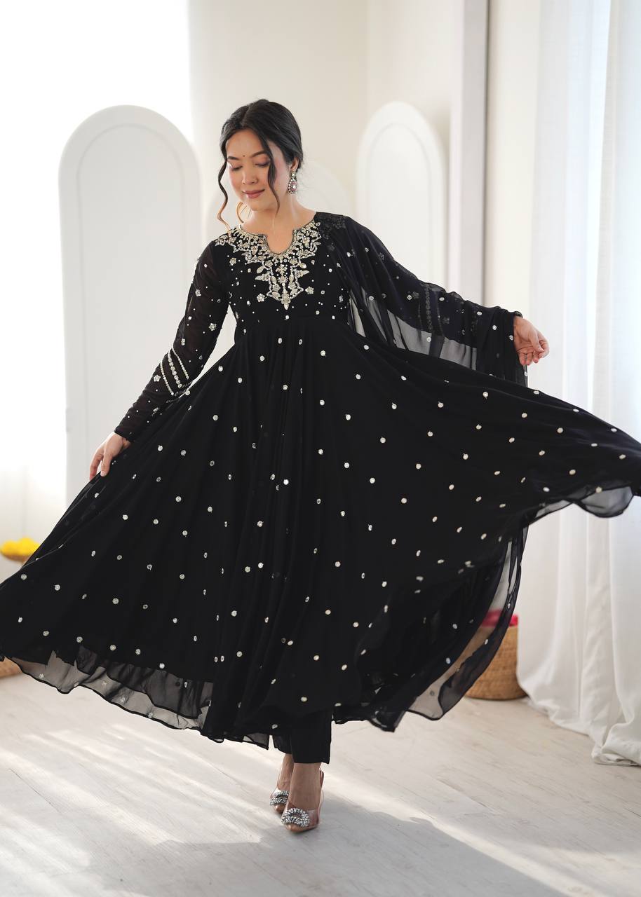 Black Embroidered Faux Georgette Anarkali Suit Set with Dupatta & Pant