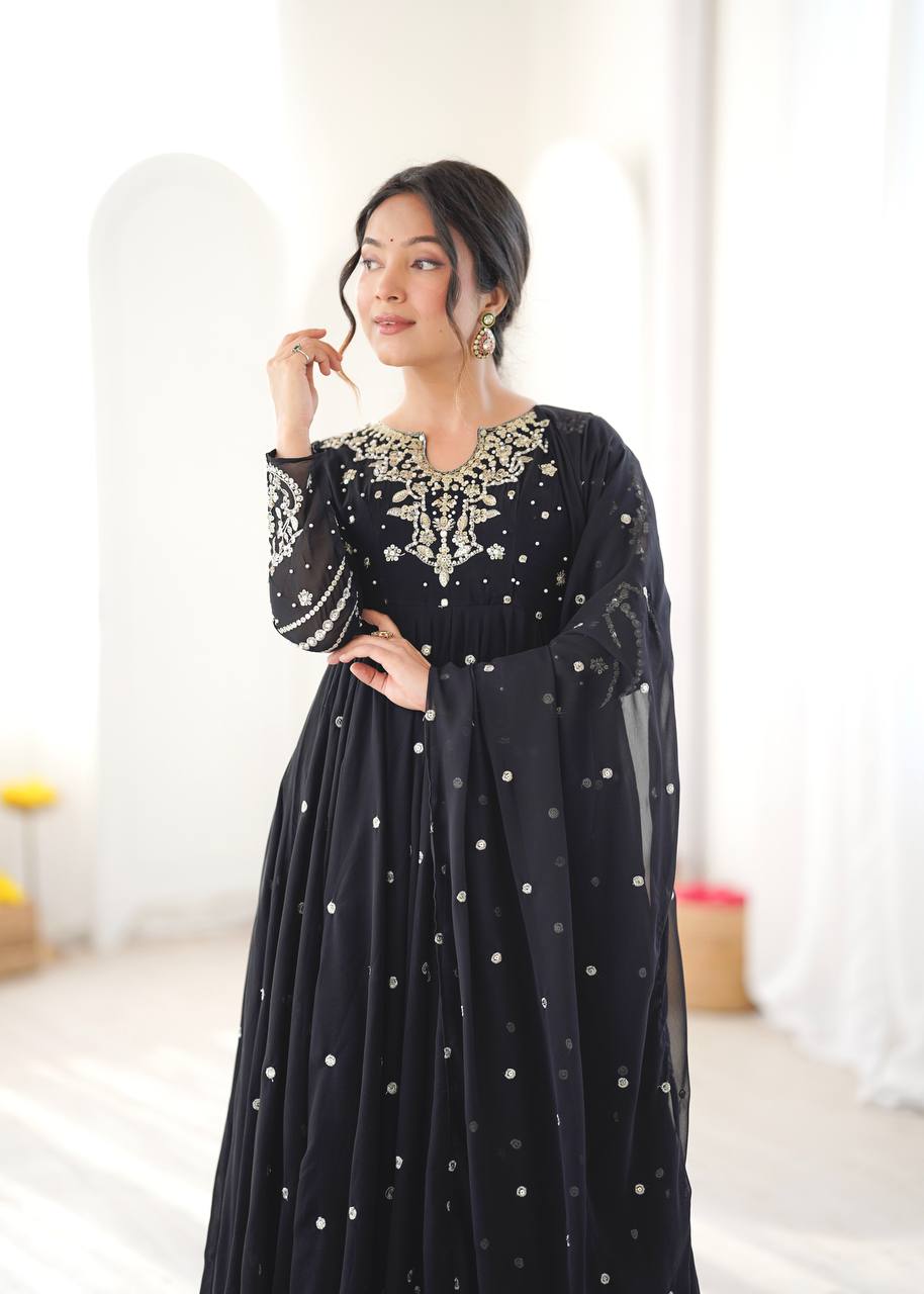 Black Embroidered Faux Georgette Anarkali Suit Set with Dupatta & Pant