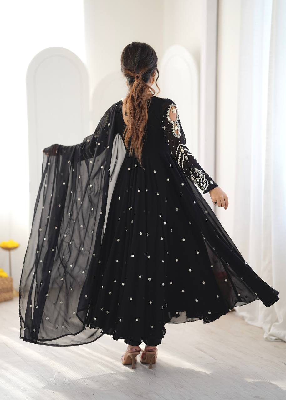 Black Embroidered Faux Georgette Anarkali Suit Set with Dupatta & Pant