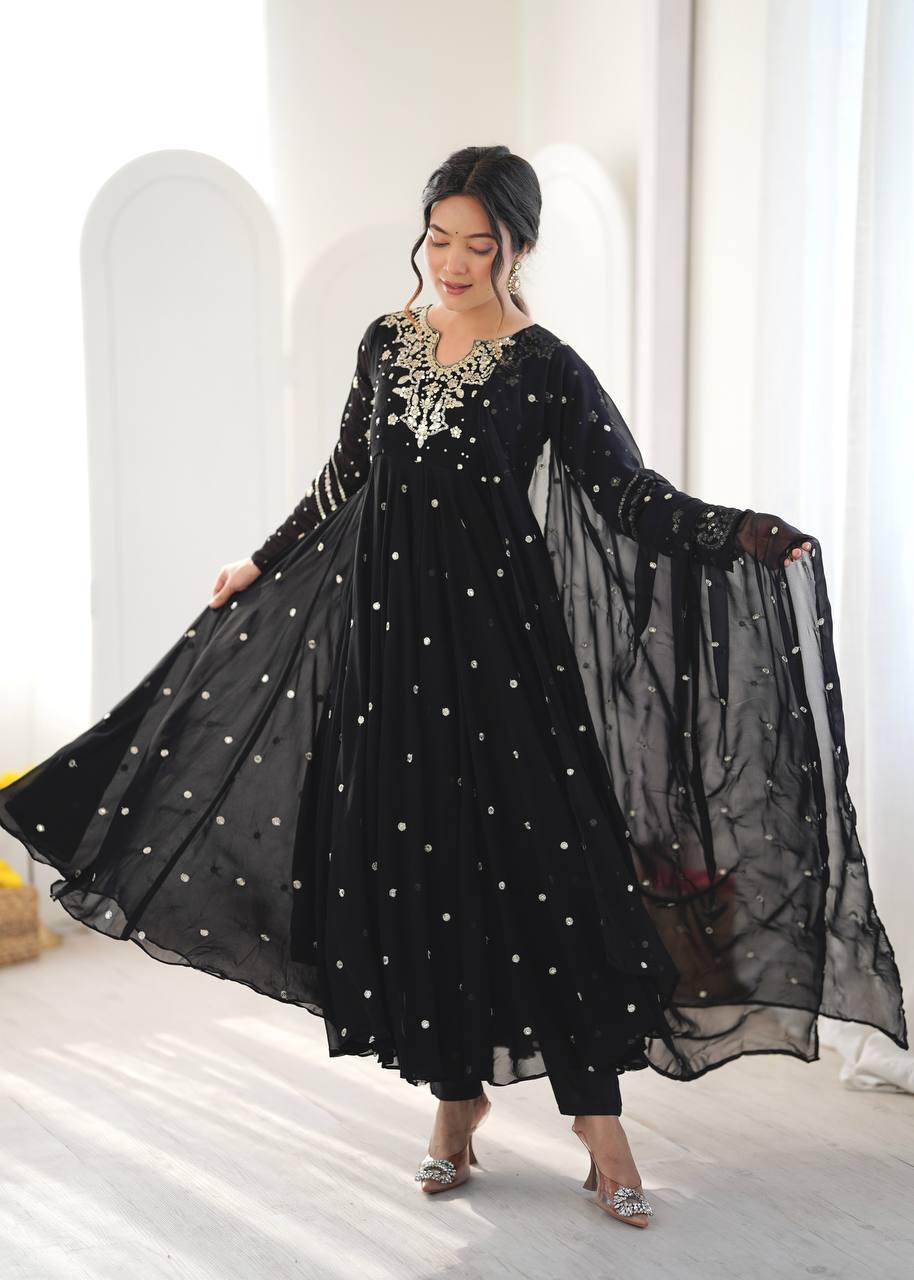 Black Embroidered Faux Georgette Anarkali Suit Set with Dupatta & Pant