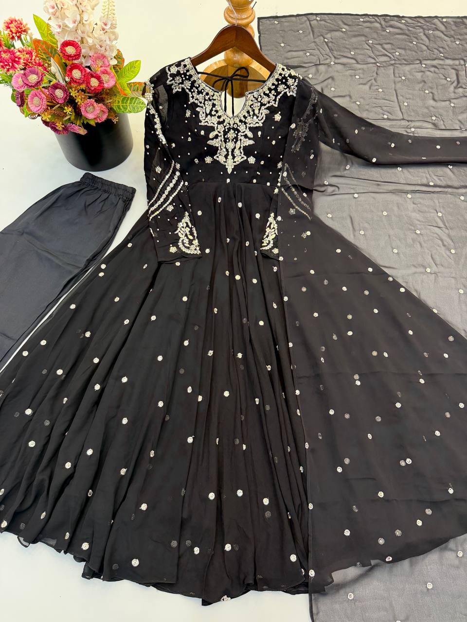 Black Embroidered Faux Georgette Anarkali Suit Set with Dupatta & Pant