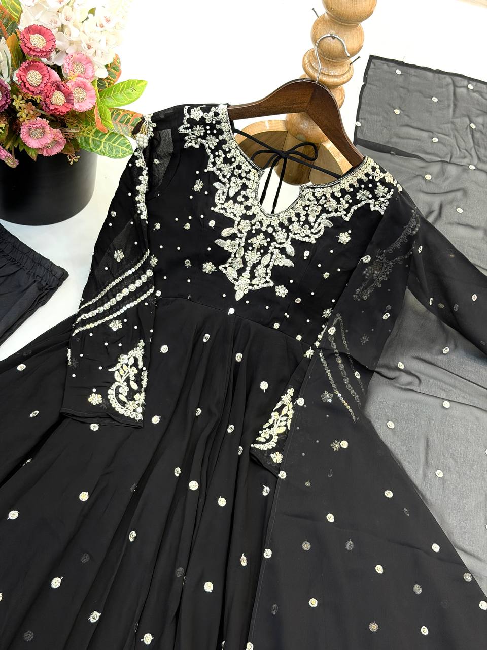Black Embroidered Faux Georgette Anarkali Suit Set with Dupatta & Pant
