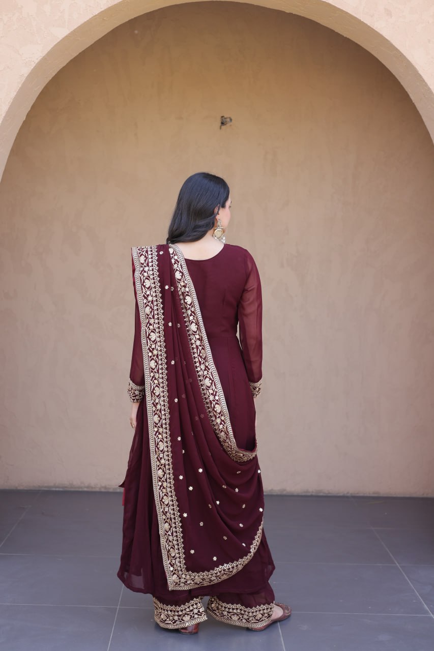 Wine Faux Blooming Embroidered Sequins Gown Pant & Dupatta Set