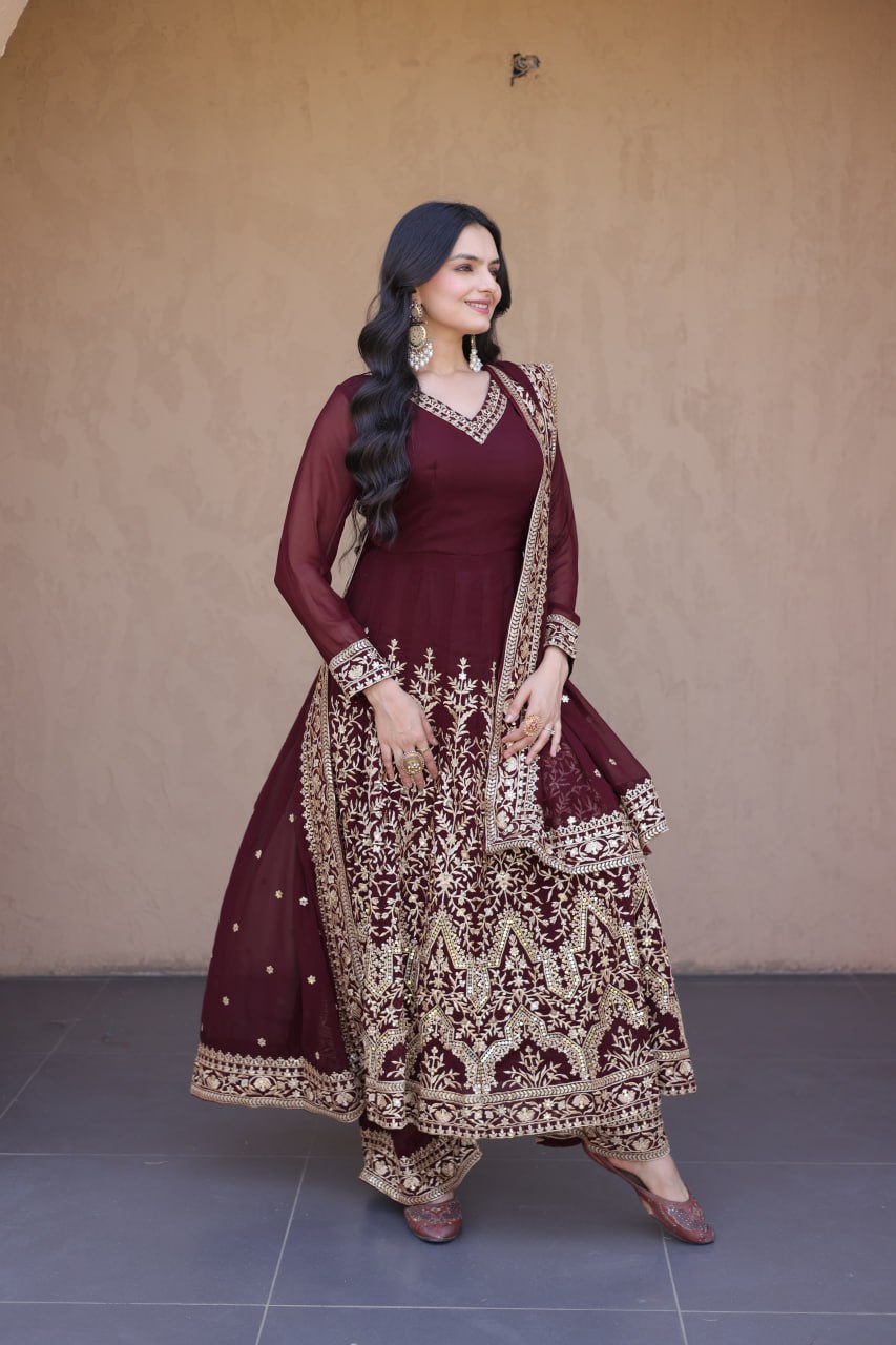 Wine Faux Blooming Embroidered Sequins Gown Pant & Dupatta Set
