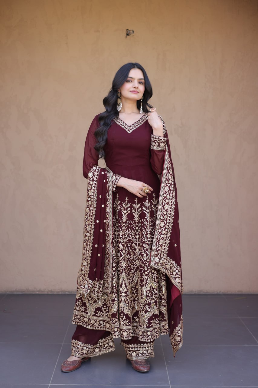 Wine Faux Blooming Embroidered Sequins Gown Pant & Dupatta Set