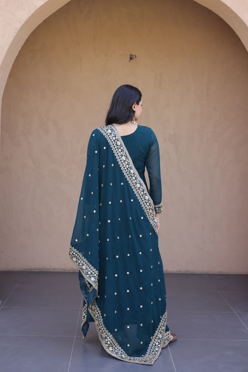 Teal Embroidered Faux Blooming Gown with Pant & Dupatta Set