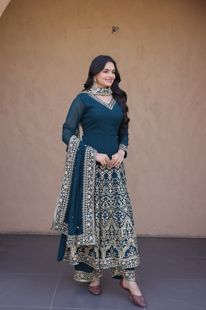 Teal Embroidered Faux Blooming Gown with Pant & Dupatta Set