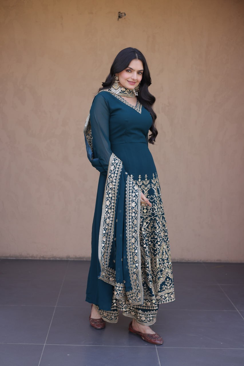 Teal Embroidered Faux Blooming Gown with Pant & Dupatta Set