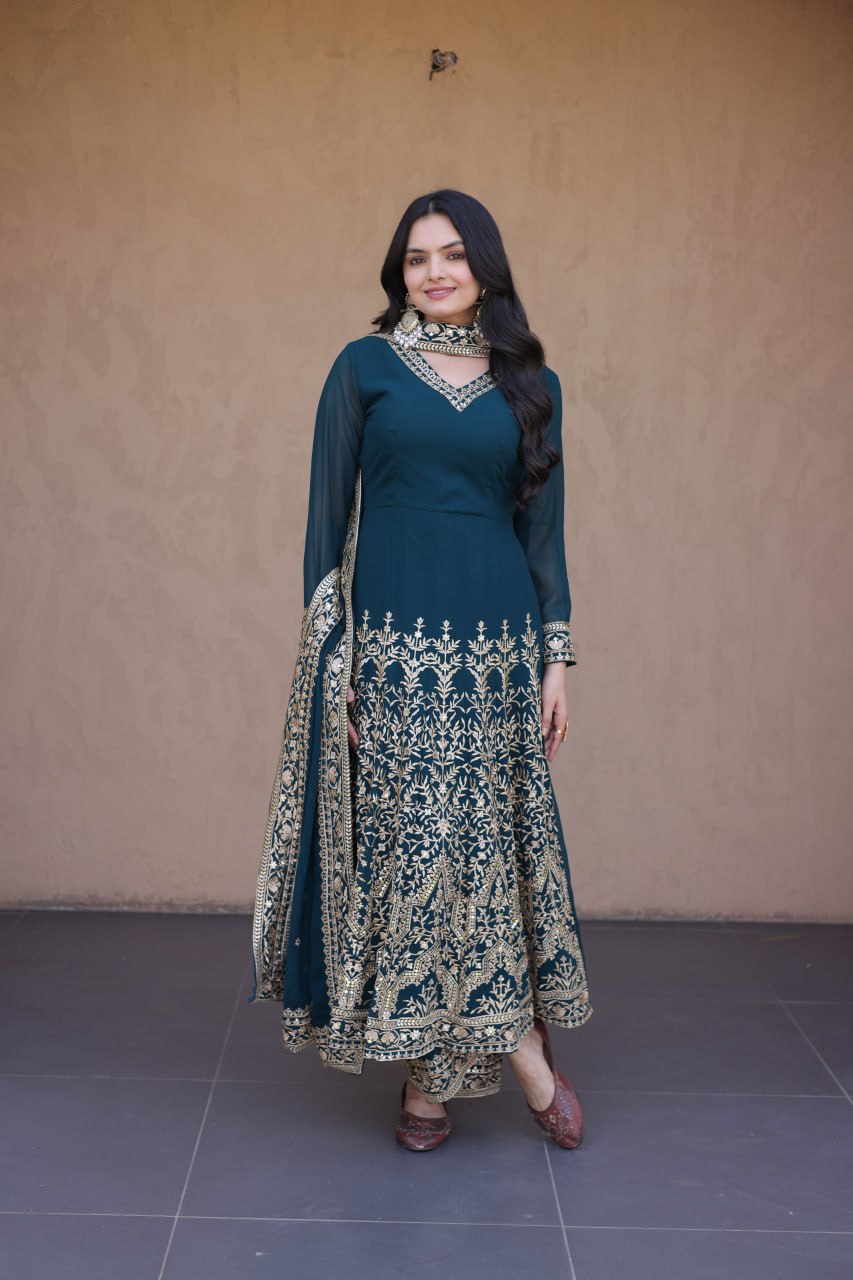 Teal Embroidered Faux Blooming Gown with Pant & Dupatta Set