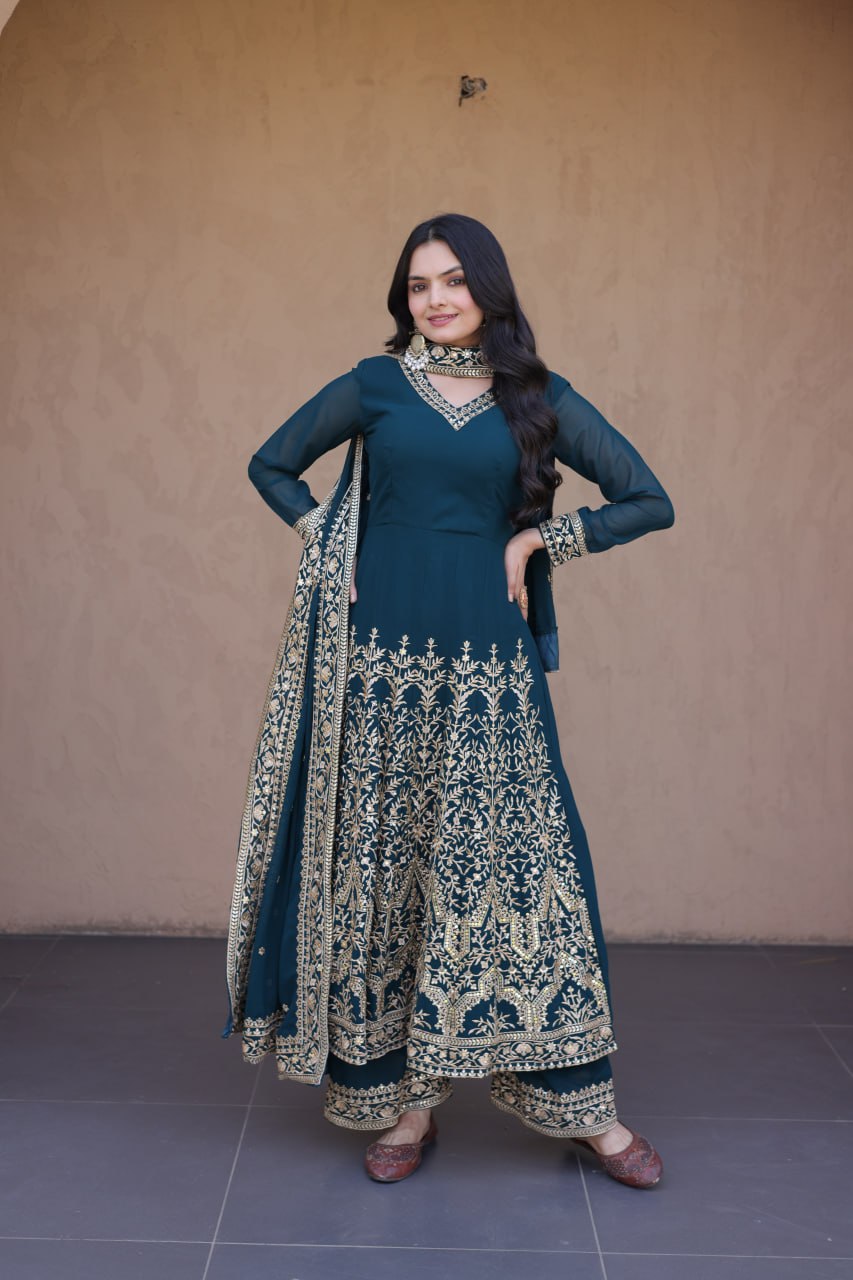 Teal Embroidered Faux Blooming Gown with Pant & Dupatta Set