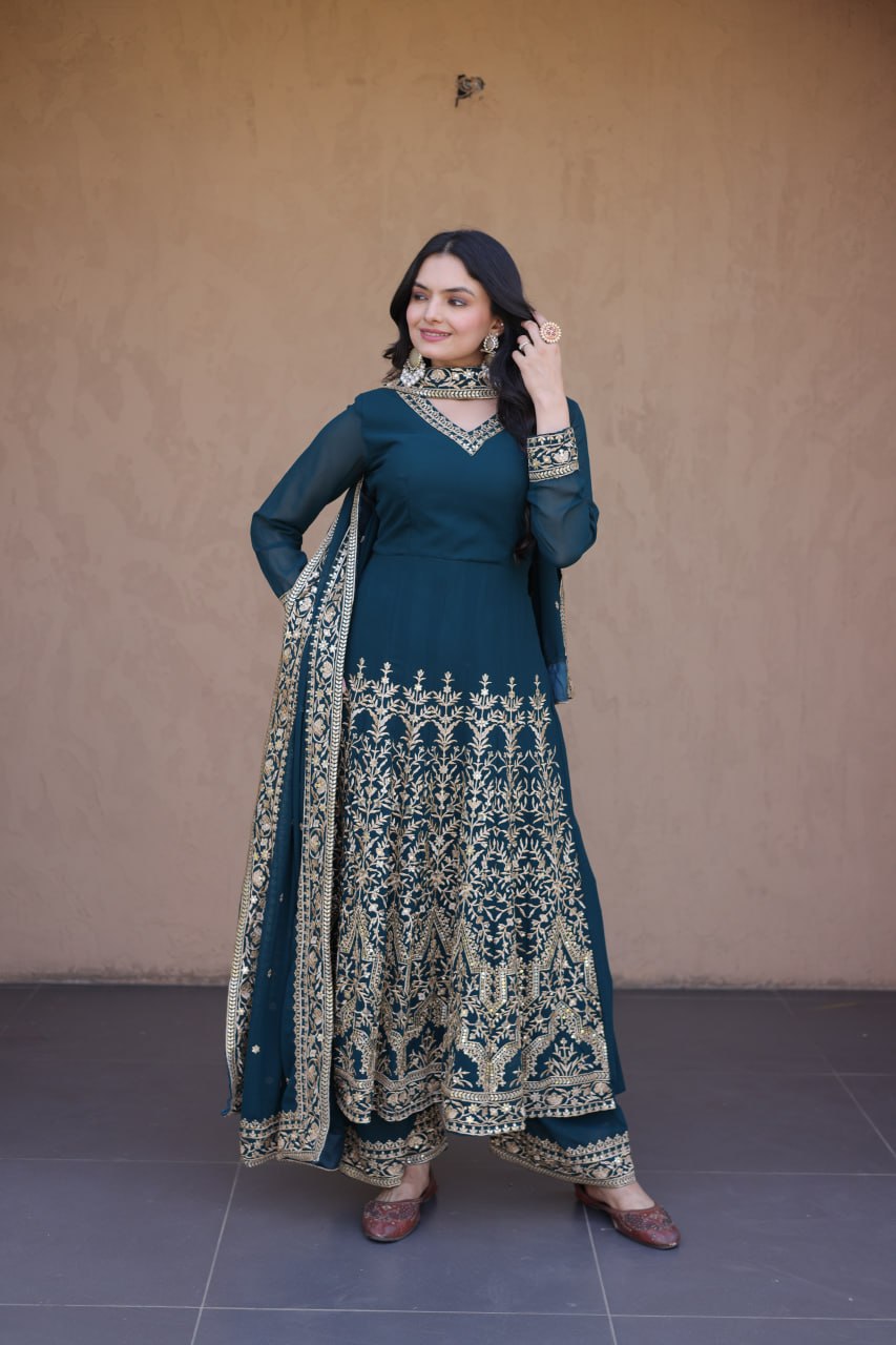 Teal Embroidered Faux Blooming Gown with Pant & Dupatta Set