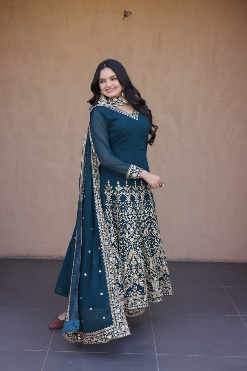 Teal Embroidered Faux Blooming Gown with Pant & Dupatta Set
