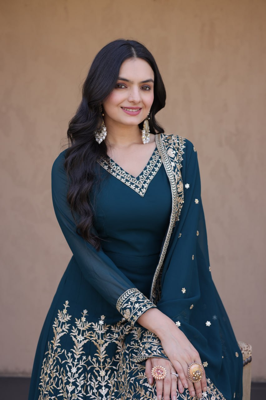 Teal Embroidered Faux Blooming Gown with Pant & Dupatta Set