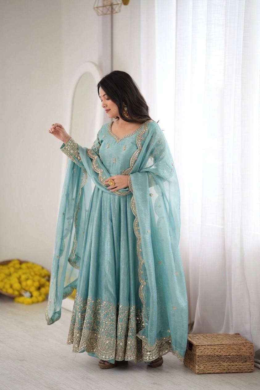 Sea Green Fendy Silk Embroidered Anarkali Gown Set with Dupatta