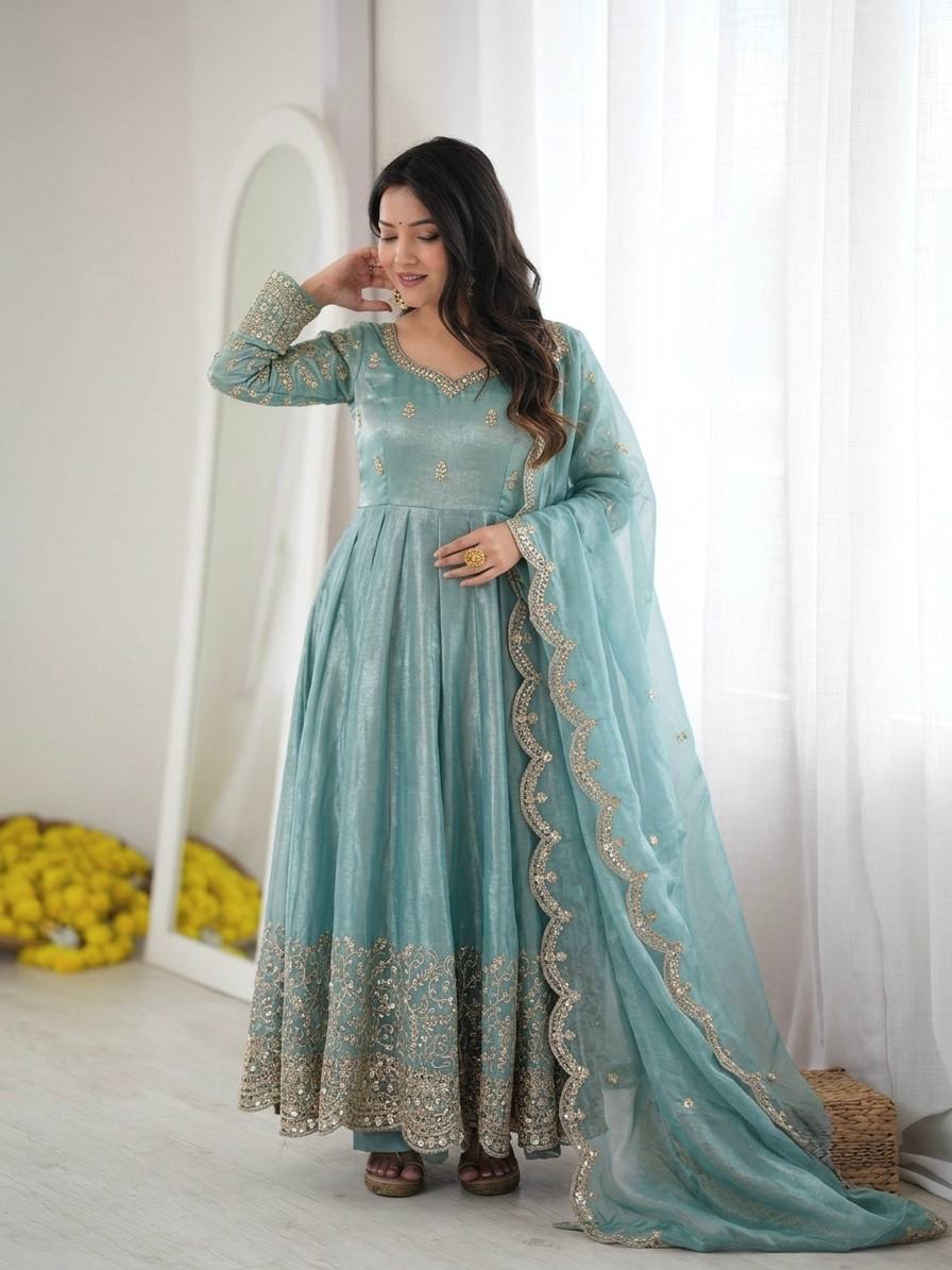 Sea Green Fendy Silk Embroidered Anarkali Gown Set with Dupatta