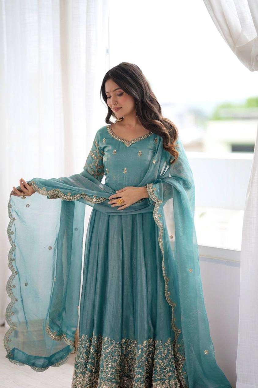 Sea Green Fendy Silk Embroidered Anarkali Gown Set with Dupatta