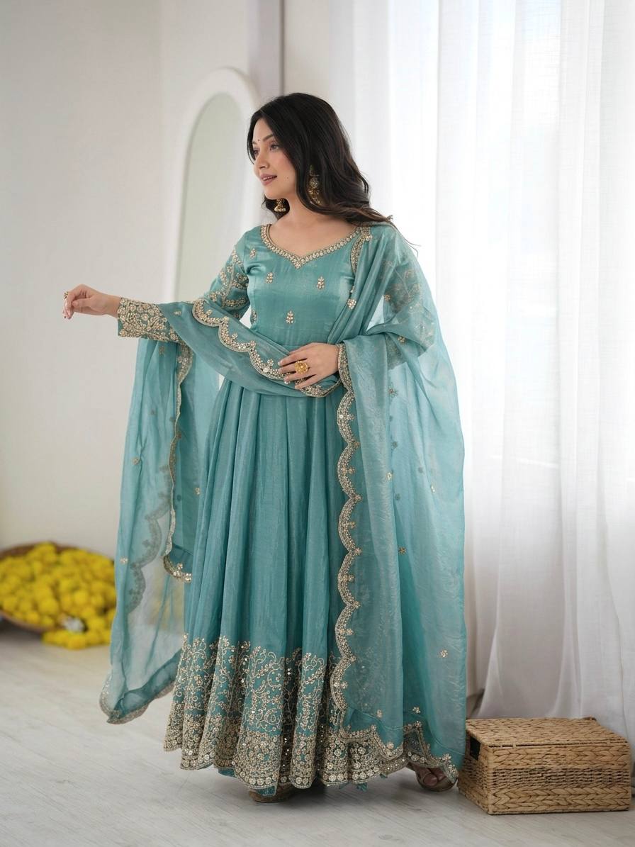 Sea Green Fendy Silk Embroidered Anarkali Gown Set with Dupatta