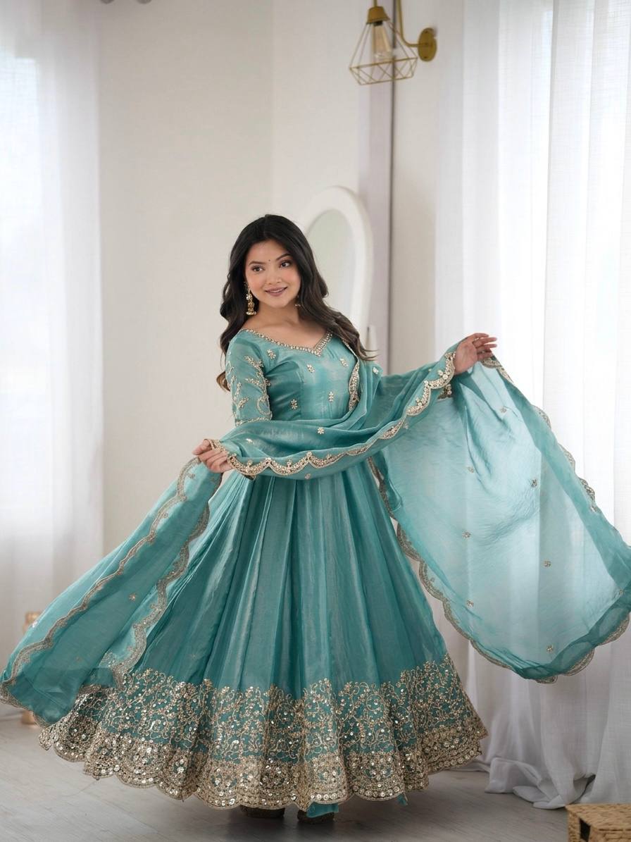 Sea Green Fendy Silk Embroidered Anarkali Gown Set with Dupatta