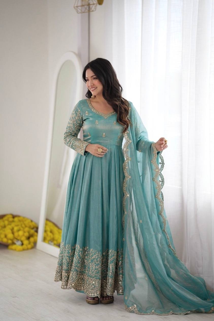 Sea Green Fendy Silk Embroidered Anarkali Gown Set with Dupatta