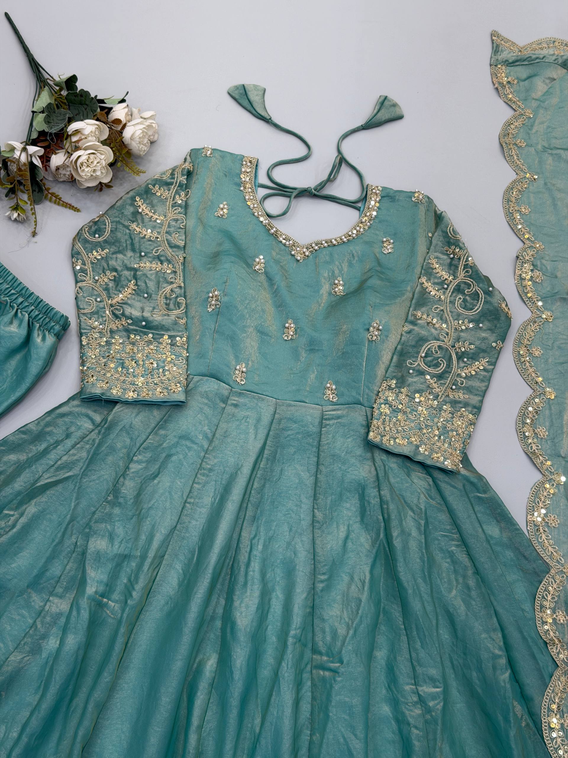 Sea Green Fendy Silk Embroidered Anarkali Gown Set with Dupatta