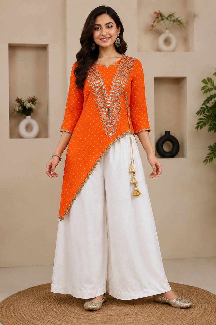 Orange & White Mirror Work Side-Cut Kurti with Chinon Palazzo Set