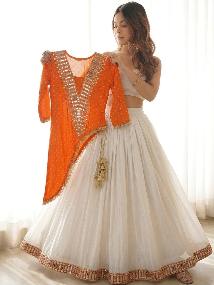 Orange & Ivory Mirror Work Side-Cut Kurti with Lehenga Set