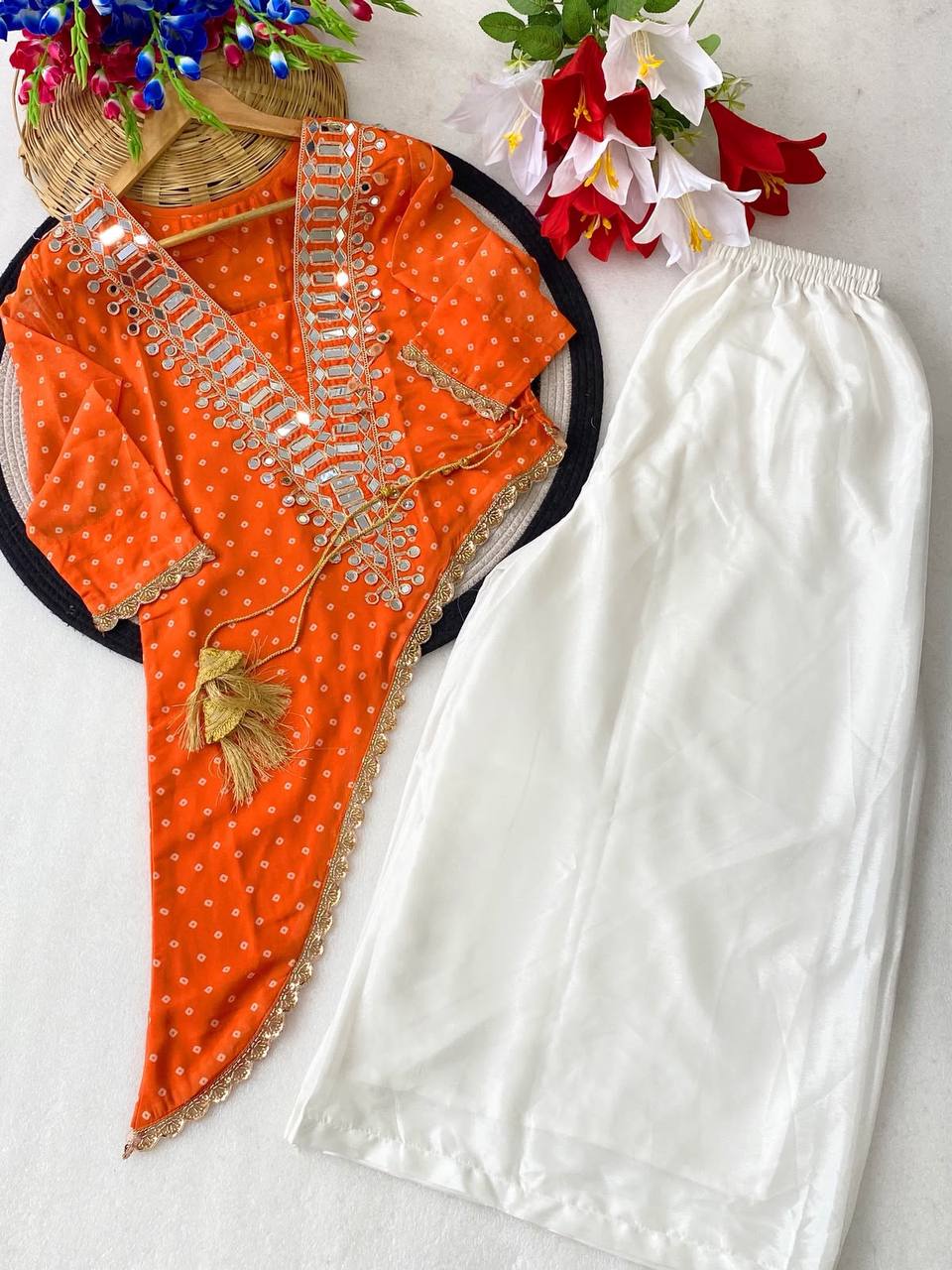 Orange & White Mirror Work Side-Cut Kurti with Chinon Palazzo Set