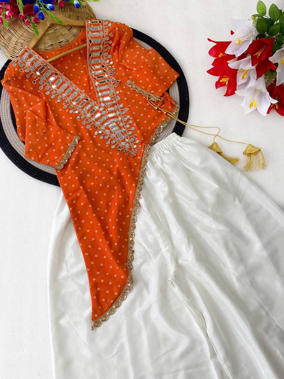 Orange & White Mirror Work Side-Cut Kurti with Chinon Palazzo Set